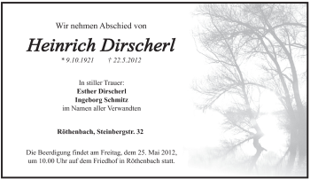 Traueranzeige von Heinrich Dirscherl von Pegnitz-Zeitung